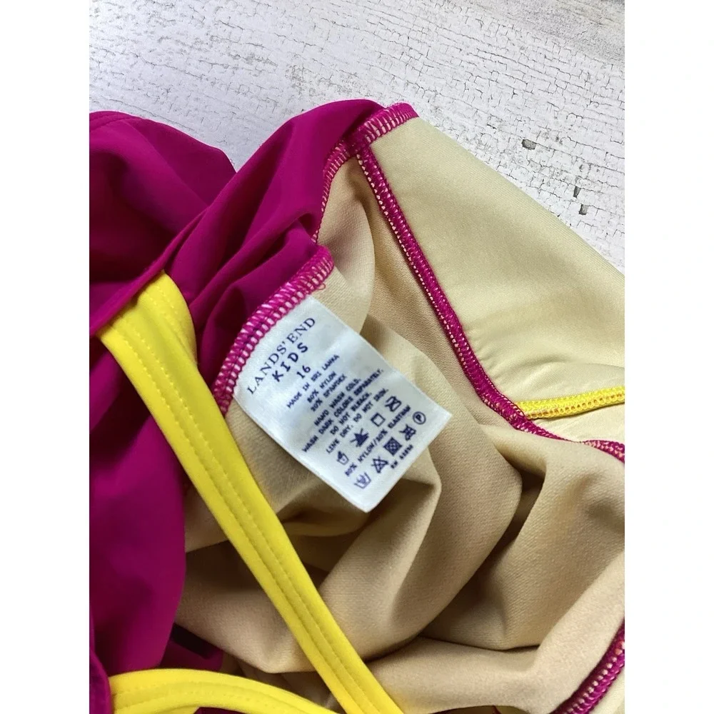 Lands' End Kids Size 16 1pc Vibrant Color Block Pink Yellow Orange Swimsuit